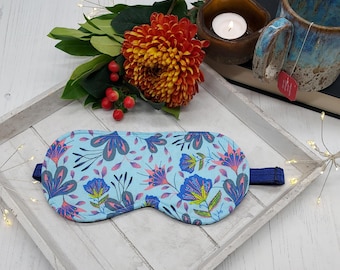Blue Flower Print Eye Mask - Washable Cotton Eye Mask - Reversable Sleep Mask