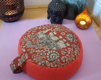 Henna Elephant Print Meditation Cushion: Organic Buckwheat Zafu
