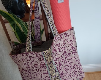 Large Patterned Yoga Tote Bag: Purple Tapestry, Zipped Pocket