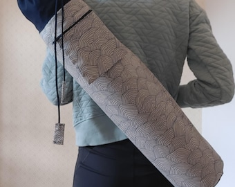 Blue Wave Print Yoga Mat Bag: Large Cotton Carrier with Pocket
