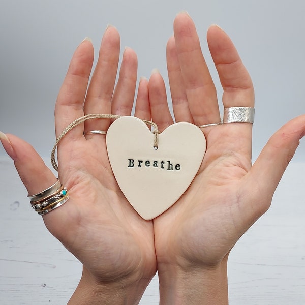 Breathe Ceramic Heart - Clay Hanging Heart - Yoga Hanging Heart - Breathe Hanging Heart - Heart Decoration - Ceramic Decoration- Yoga Gift