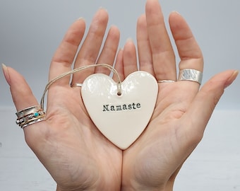 Namaste Ceramic Heart - Clay Hanging Heart - Yoga Hanging Heart - Namaste Hanging Heart - Heart Decoration - Ceramic Decoration- Yoga Gift