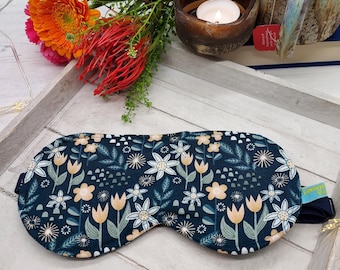 Teal Flower Print Eye Mask - Cotton Eye Mask - Washable Eye Mask- Reversable Sleep Mask
