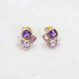 9ct Gold Amethyst Pink Tourmaline Diamond Stud Earrings