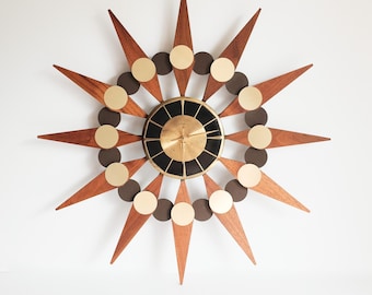 Vintage Mid Century Welby Starburst Clock - Original Walnut Wood Starbursts +Black on Brass Face