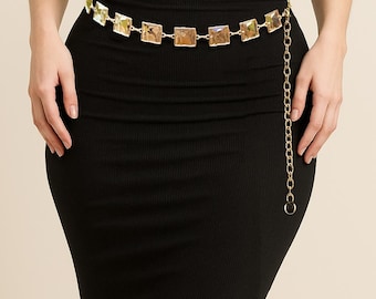 Ceinture à chaîne carrée martelée Golden Gleam - Chaîne de taille tendance réglable