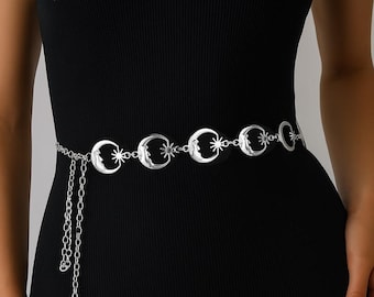 Chaîne de taille en argent avec déesse lune : bijoux de corps avec charme soleil céleste