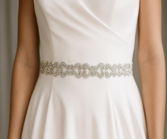beaded dress sash White Crystal Bridal Sash: Beaded Wedding Dress Belt
