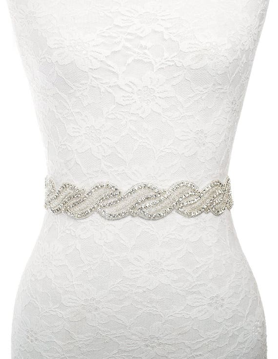 Redowa Thin Rhinestone Beaded Wedding Dress Bridal Sash Belt Ivory