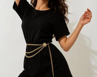 Gold Triple Layer Waist Chain Belt – Sunburst Medallion Body  display picture 2