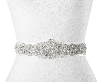 Bridal Crystal Beaded with Satin Ribbon Wedding Sash Belt