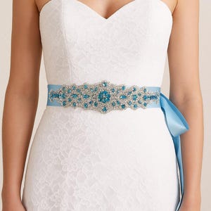 Rhinestone Wedding Dress Bridal Sash Belt Malibu Blue