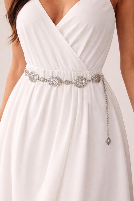 Custom Size Silver Medallion Chain Belt –   Waist Jewelry for Dresses & Formal Events