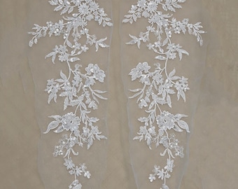 Paire d'appliques florales en dentelle à sequins et perles pour couture, décoration de voile de mariage, patch de broderie, 62 x 24 cm