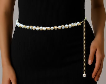 Braided Pearl Chain Belt: Gold Waist Accessory for Bridal & Evening Wear