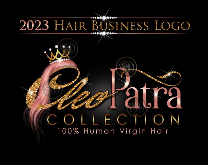 Cleopatra Hair Business Logo Designs with Glitter Bling Crown, Rose Gold Hair Bundle and Diamonds, Perfect for Hair Tags and Bundle Wraps