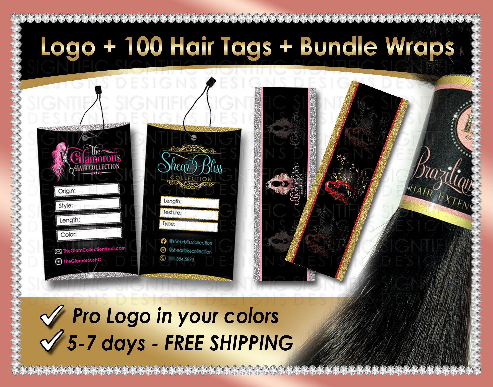 Hair Branding Hair Extensions Logo 100 Hair Tags 100 Bundle Wraps 