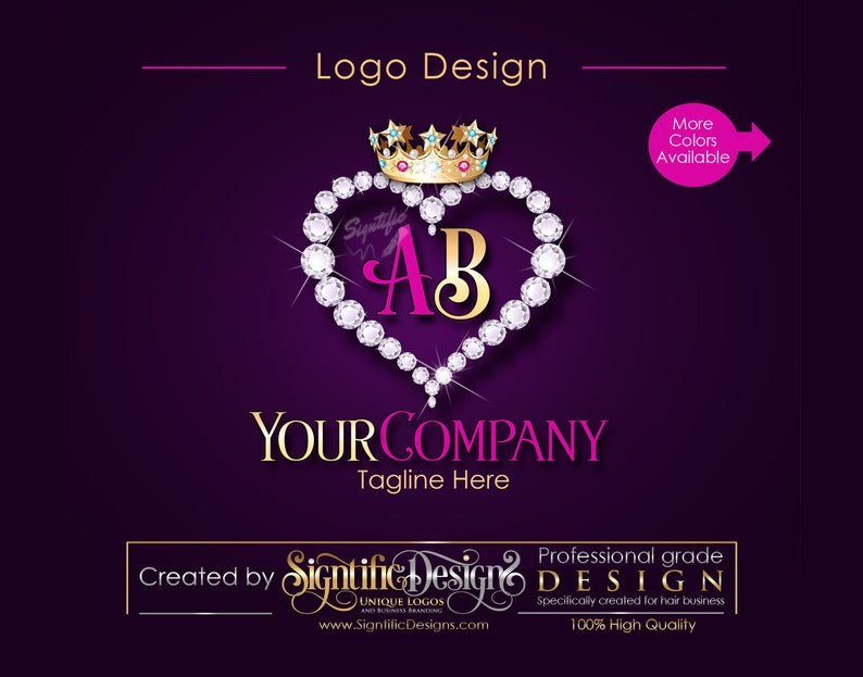 Business Diamond Heart Bling Crown Initials Logo, Company Logo, Hair Collection Logo, Hair Bundle Logo, Hair Business Logo, Hair Tag Logo image 1