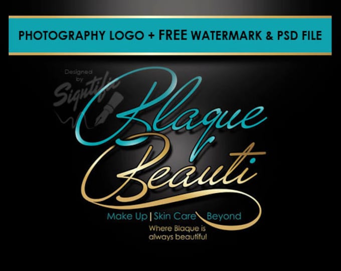 Beauty salon logo, FREE watermark and PSD source file, gold and teal makeup artistry logo, beauty shop logo, beautician logo in any colors