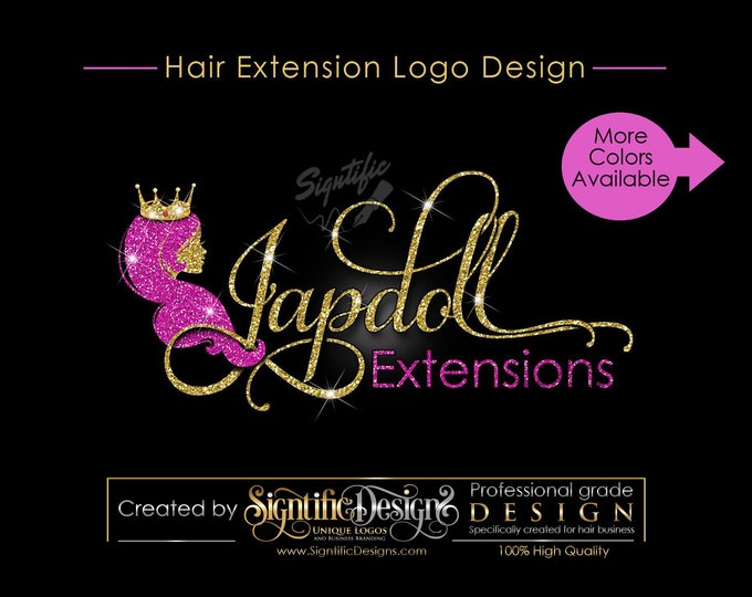 Queen Hair Extensions Logo, Hair Logo Design, Hair Collection Logo, Gold and Pink Glitter Logo with Silhouette and Crown, Bling Logo Design