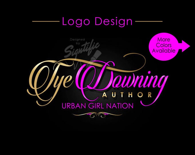 Name Text Logo, Custom Signature Logo Design in Gold and Pink Lettering, Business Branding Logo, Author Logo in Any Colors, Ooak Logo