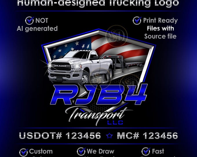 Hotshot Trucking Logo, Patriotic American Flag Trucking Company Branding Logo with Hand Drawn Truck, Pickup Trailer Logo, Gift for Husband