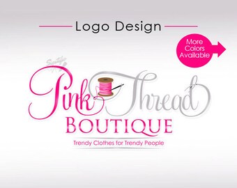 Custom boutique Logo with spool and needle, thread logo in pink and grey, fashion boutique logo design, custom business logo design