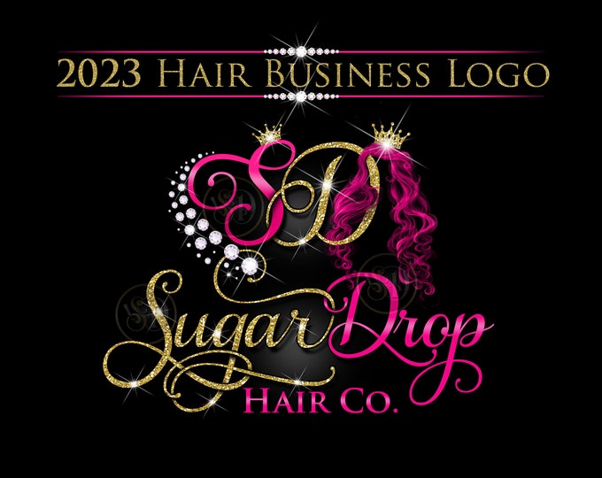 Hair Business Logo with Magenta Hair, Glittery Lettering, Bling Crowns and Diamonds with options for Hair Extension Tags and Bundle Wraps