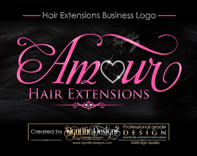 Hair Extensions Business Logo, Hair Tag Logo, Hang Tag Logo, Hair Logo, Bling Logo on Hair Texture, Pink Lettering Logo Design for Hair