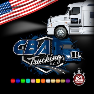 May include: A digital illustration featuring a white and blue semi-truck with the text "CBA Trucking LLC." The American flag is in the upper left corner. A 24-hour turnaround timer is also shown.