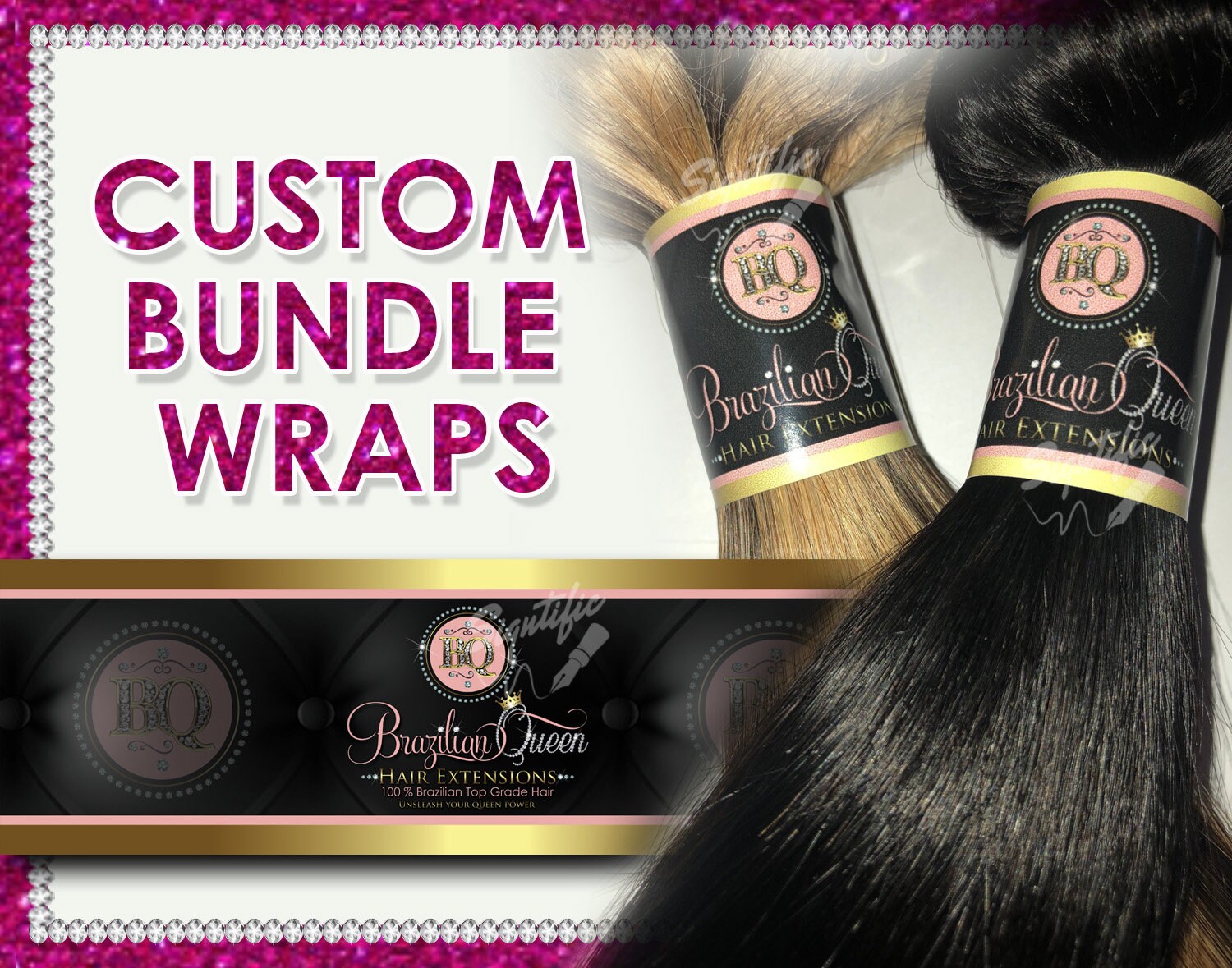 Custom self adhesive bundle wraps for hair extension business to wrap around hair bundles