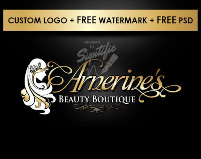 Custom small business logo, FREE watermark, gold lettering logo with female silhouette, logo for business card, logo design for website