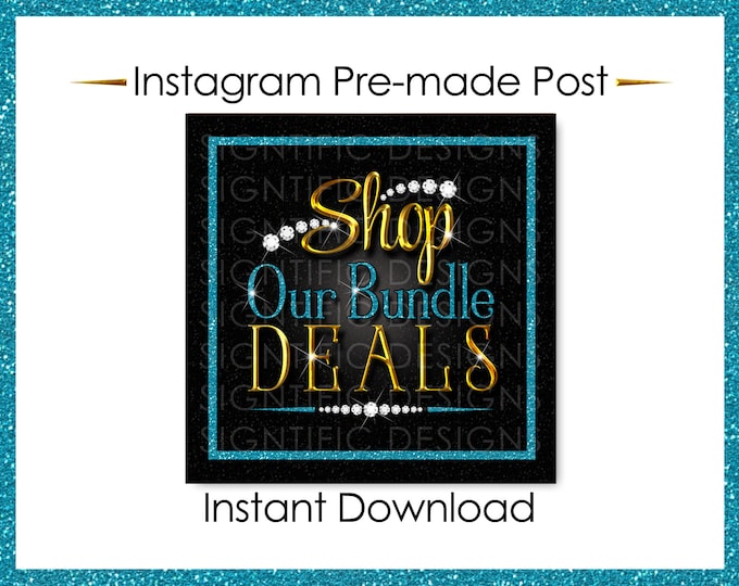 Instant Download, Shop Our Bundle Deals, Glitter Bundle Flyer, Hair Extensions Post, Instagram Post, Gold Glitter Teal, Digital Post Flyer