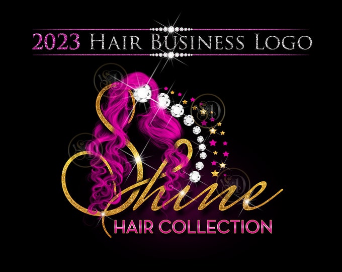 Curly Magenta Hair Logo with Bling Diamonds for Hair Business, Hair Extensions Brand Logo  for Hair Tags and Bundle Wraps, Social Media Logo