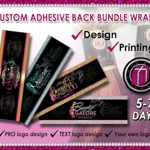 Custom self adhesive bundle wraps for hair extension business to wrap around hair bundles. Sticker bands for hair bundles with your own logo