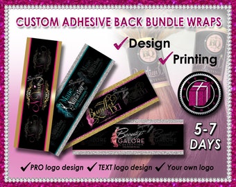 Custom self adhesive bundle wraps for hair extension business to wrap around hair bundles. Sticker bands for hair bundles with your own logo