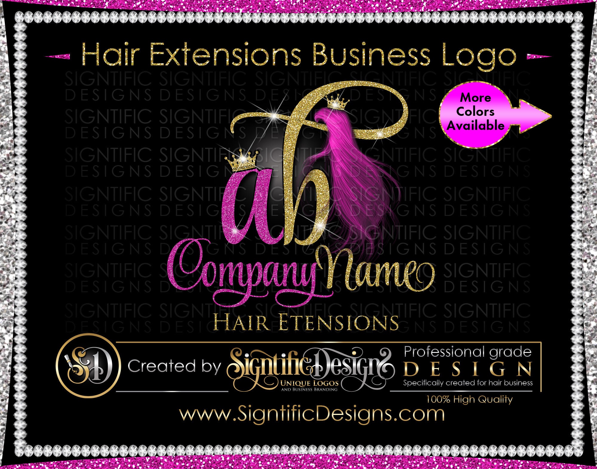 Hair Extension Logo, Hair Bundle Logo, Extensions Logo, Hair Business Logo,  Wig Logo, Fuchsia hair Logo, Hair Branding, Glitter Bling Logo