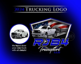 Hotshot Trucking Logo, Patriotic American Flag Trucking Company Branding Logo with Hand Drawn Truck, Pickup Trailer Logo, Gift for Husband