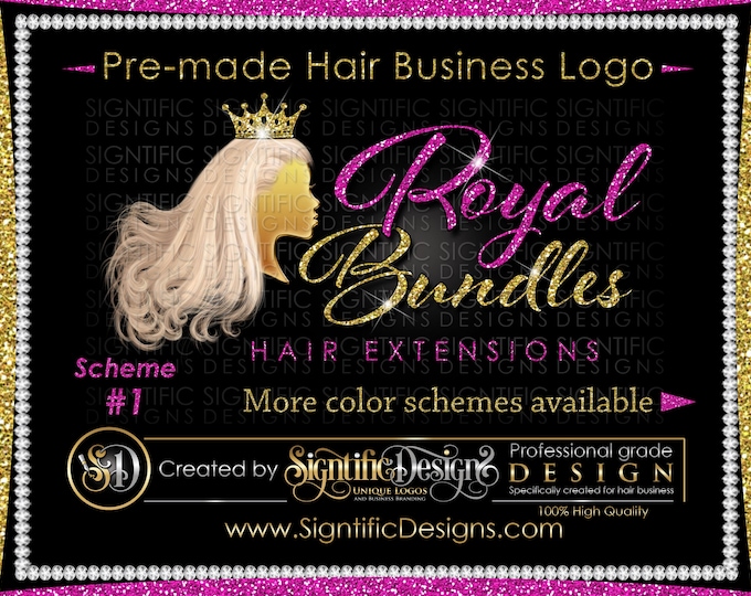 Premade Hair Logo, Hair Extensions Logo, Hair Business Logo, Flowing Pale Hair Logo, Virgin Hair Logo, Hair Bundle Logo, Glitter Bling Logo
