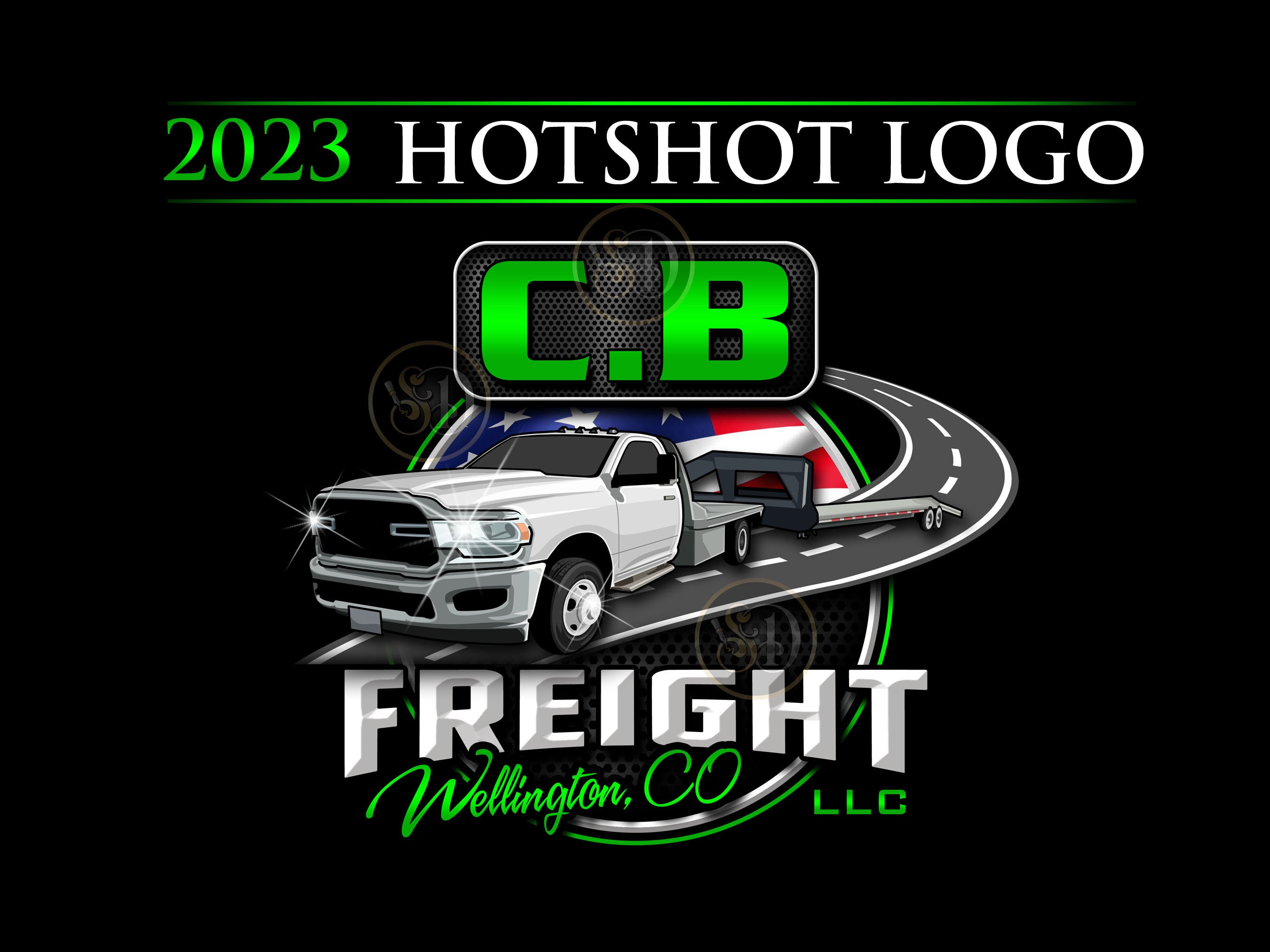 Hotshot Trucking Logo with 3D lettering, Roadway and American Flag
