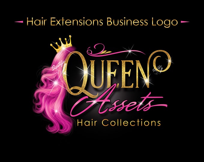 Glamorous Hair Business Logo for Social Media, Bundle Wraps and Hair Tags with Hair Bundle, Crown, Glittery Lettering and Ornament