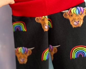 Highland cow (coo)  leggings, sizes 0 to 12 years, choice of finish, made to order, unisex leggings, new baby gift, toddler leggings,