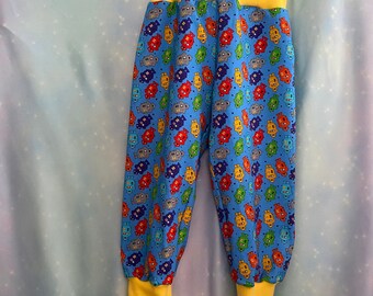 Rainbow robots harems, mushroom trousers, new baby gift, Child Harem Pants, Sizes 0- 6 years, Harem pants, Jersey Hareem pants,