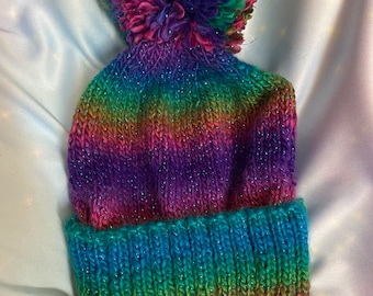 Bobble hat, hand knitted bobble hat, rainbow sparkle bobble hat, size 3-5 years