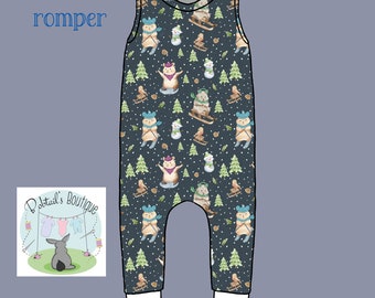 Skiing hamsters pull on romper, unisex kids romper, sizes 0-8 years, made to order, playsuit.