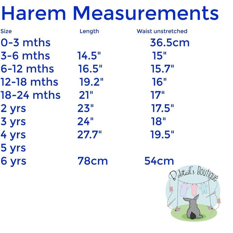 May include: A chart titled "Harem Measurements" with size, length, and waist unstretched measurements in inches and centimeters. Sizes range from 0-3 months to 6 years. The Dobtail's Boutique logo is in the bottom right corner.
