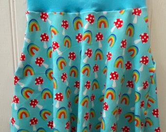 Rainbows and mushrooms twirly skirt, spring skirt, sizes 3 months to 12 years, rainbows and mushrooms spring skirt, birthday outfit gift,