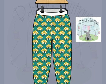 Toadstool houses harems, french terry trousers, sizes 0-10 years, made to order, comfy pants,