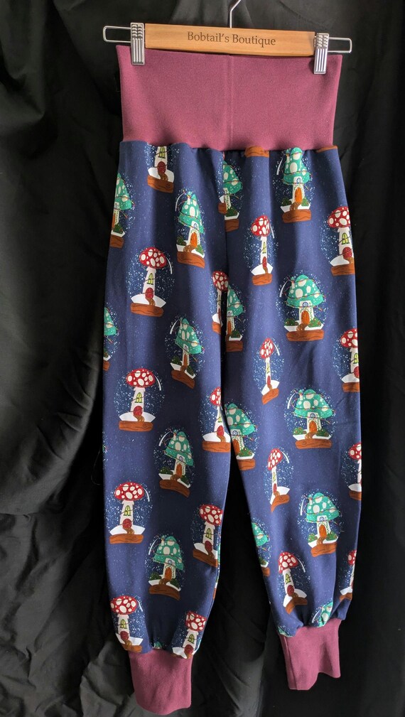 Toadstool snow globe harems, comfy pants, winter wardrobe, kids slouchy pants,