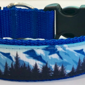 Snowy Mountain/Forest NatureScape, Grosgrain Adjustable Dog Collar:Mountaineering,Skiing, Hunting, Hiking,Travel,Camping, Rustic Dog Collar;
